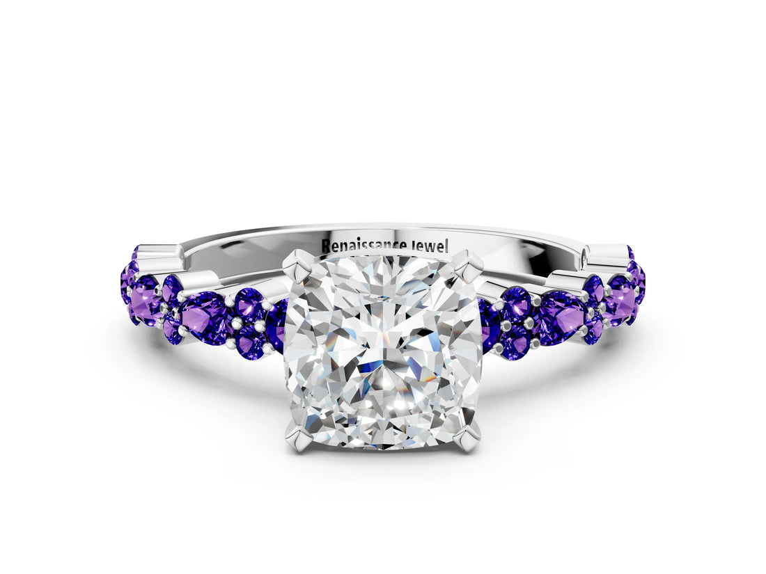 White gold Cushion Cut Diamond Side Stone Solitaire Ring with Round with Tanzanite side stone and Four-Prong Setting_42