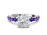 White gold Cushion Cut Diamond Side Stone Solitaire Ring with Round with Tanzanite side stone and Four-Prong Setting_42