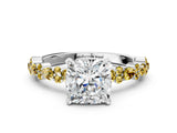 White gold Cushion Cut Diamond Side Stone Solitaire Ring with Round with Yellow Sapphire side stone and Four-Prong Setting