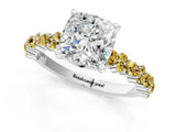 White gold Cushion Cut Diamond Side Stone Solitaire Ring with Round with Yellow Sapphire side stone and Four-Prong Setting_1