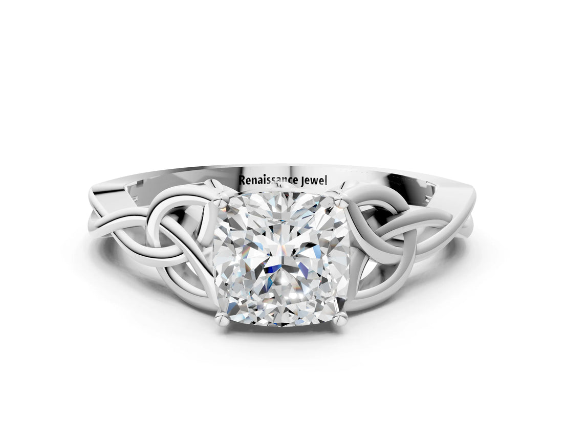 White gold Cushion Cut Diamond Solitaire Celtic Knot Ring with Four-Prong Setting_89