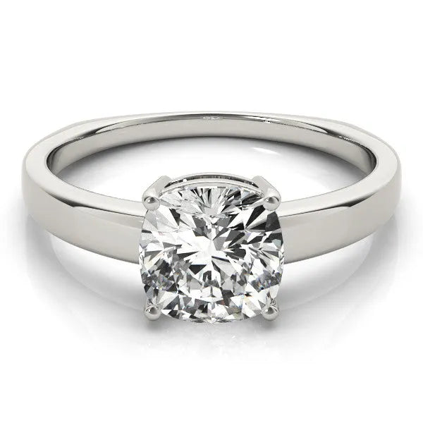 White gold Cushion Cut Diamond Solitaire Engagement Ring with Four-Prong Setting and Plain Band