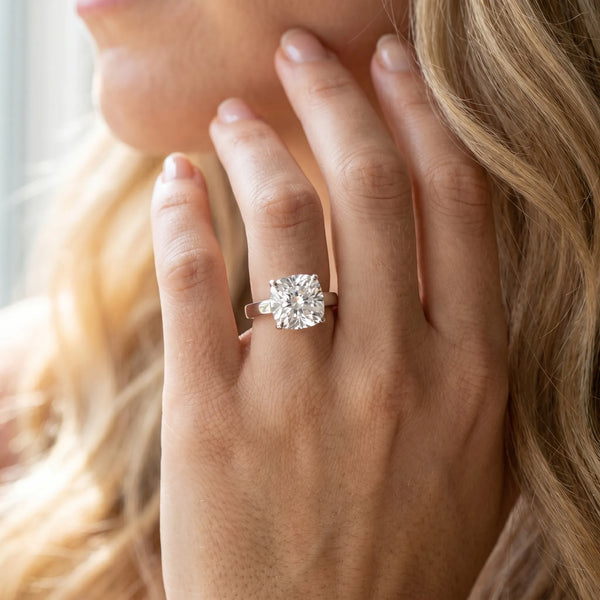White gold Cushion Cut Diamond Solitaire Engagement Ring with Four-Prong Setting and Plain Band