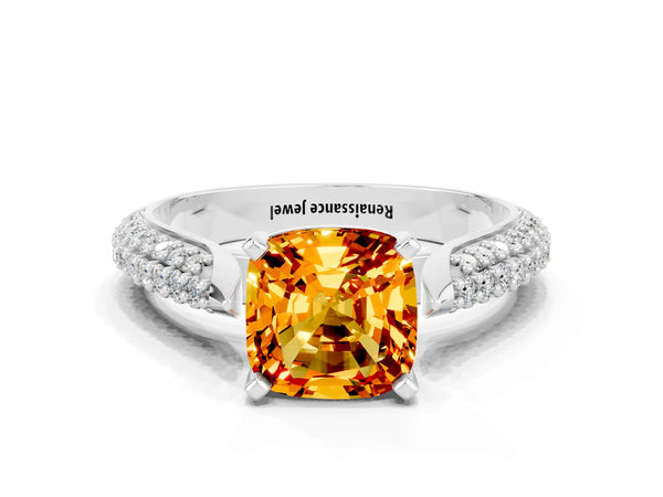 Silver Cushion Cut Citrine Solitaire Engagement Ring with Multi-Row Round Pavé Band and Prong Setting