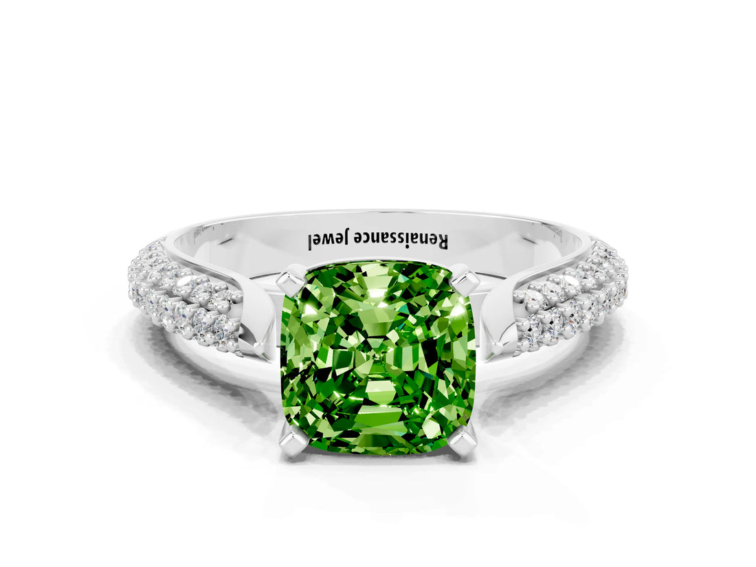White gold Cushion Cut Diamond Solitaire Engagement Ring with Pavé Band and Four-Prong Setting