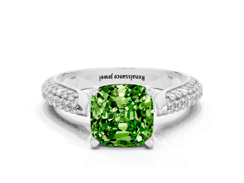 White gold Cushion Cut Diamond Solitaire Engagement Ring with Pavé Band and Four-Prong Setting