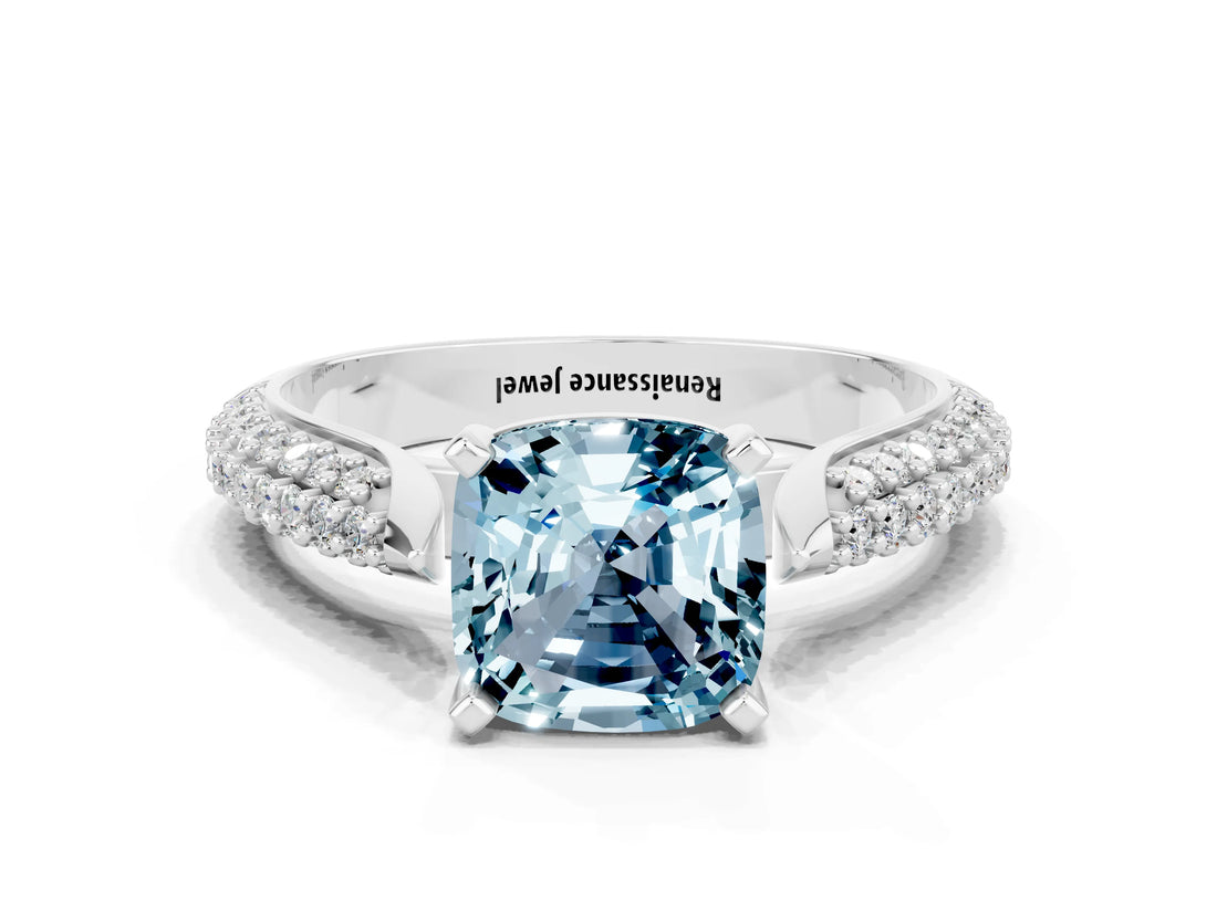 White gold Cushion Cut Diamond Solitaire Engagement Ring with Pavé Band and Four-Prong Setting