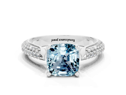 White gold Cushion Cut Diamond Solitaire Engagement Ring with Pavé Band and Four-Prong Setting