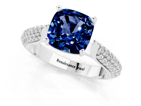 White gold Cushion Cut Diamond Solitaire Engagement Ring with Pavé Band and Four-Prong Setting_1