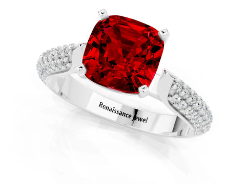White gold Cushion Cut Diamond Solitaire Engagement Ring with Pavé Band and Four-Prong Setting_1