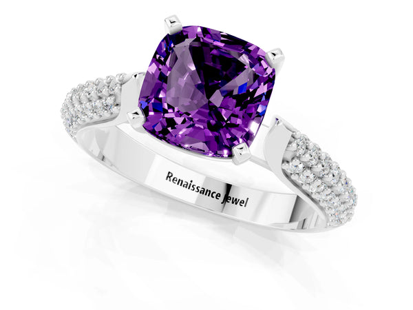 Silver Cushion Cut Amethyst Solitaire Engagement Ring with Multi-Row Round Pavé Band and Prong Setting