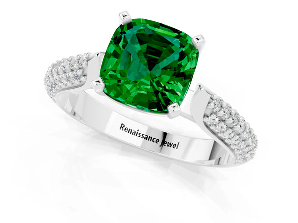 Silver Cushion Cut Emerald Solitaire Engagement Ring with Multi-Row Round Pavé Band and Prong Setting