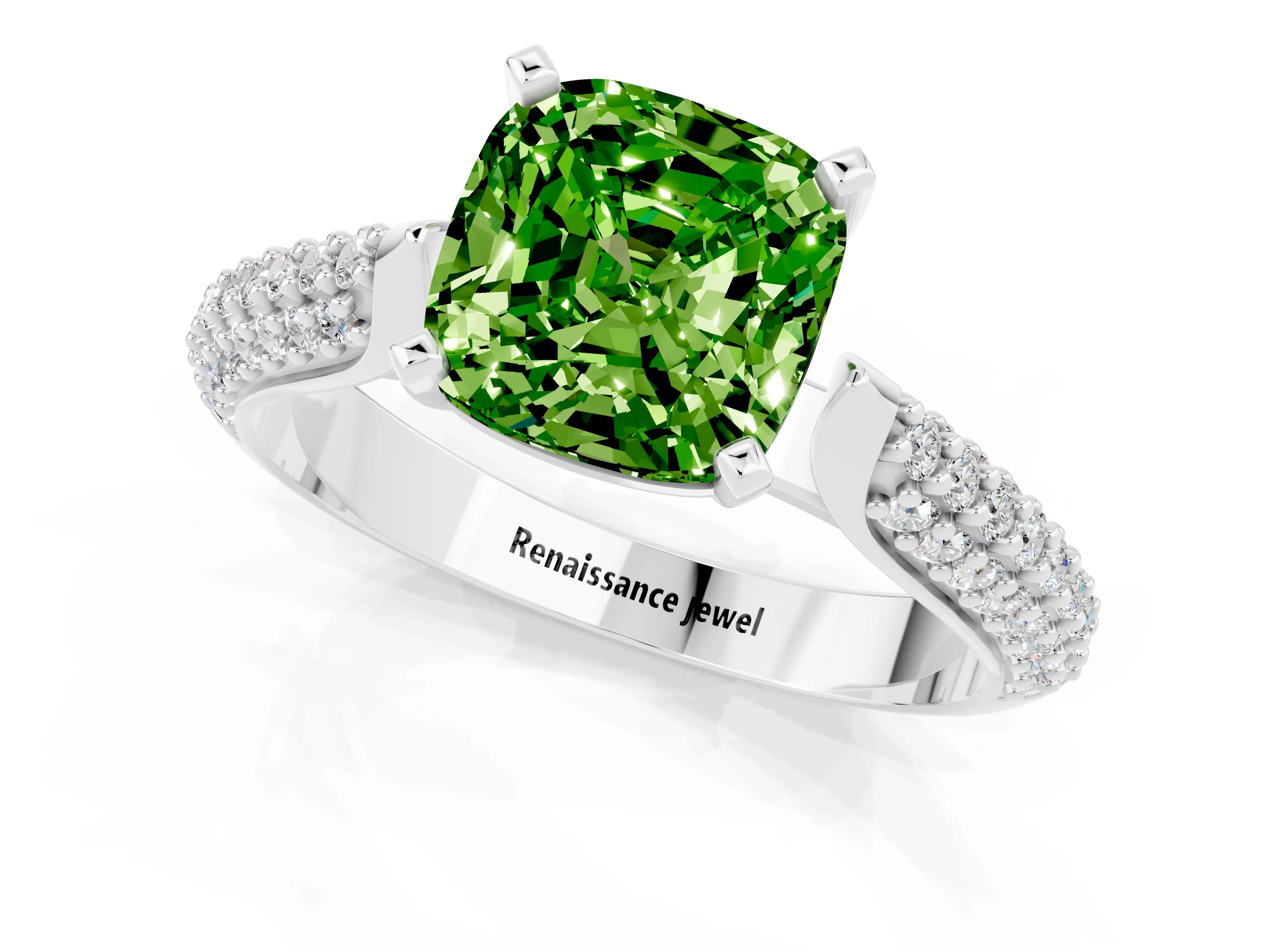 White gold Cushion Cut Diamond Solitaire Engagement Ring with Pavé Band and Four-Prong Setting_1