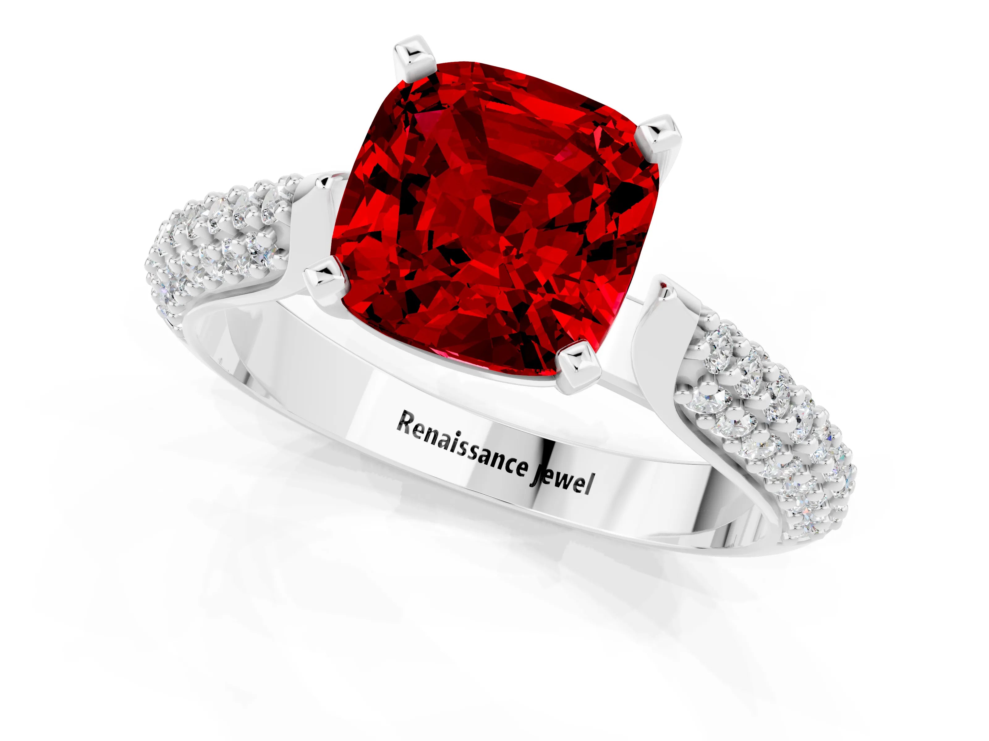 White gold Cushion Cut Diamond Solitaire Engagement Ring with Pavé Band and Four-Prong Setting_1