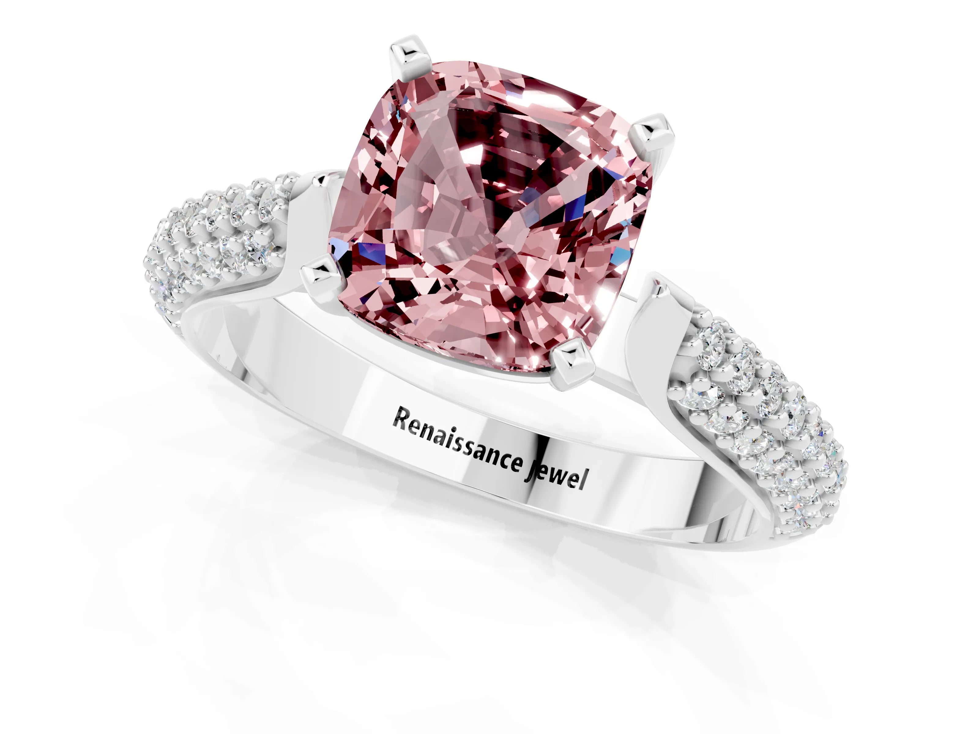 White gold Cushion Cut Diamond Solitaire Engagement Ring with Pavé Band and Four-Prong Setting_1