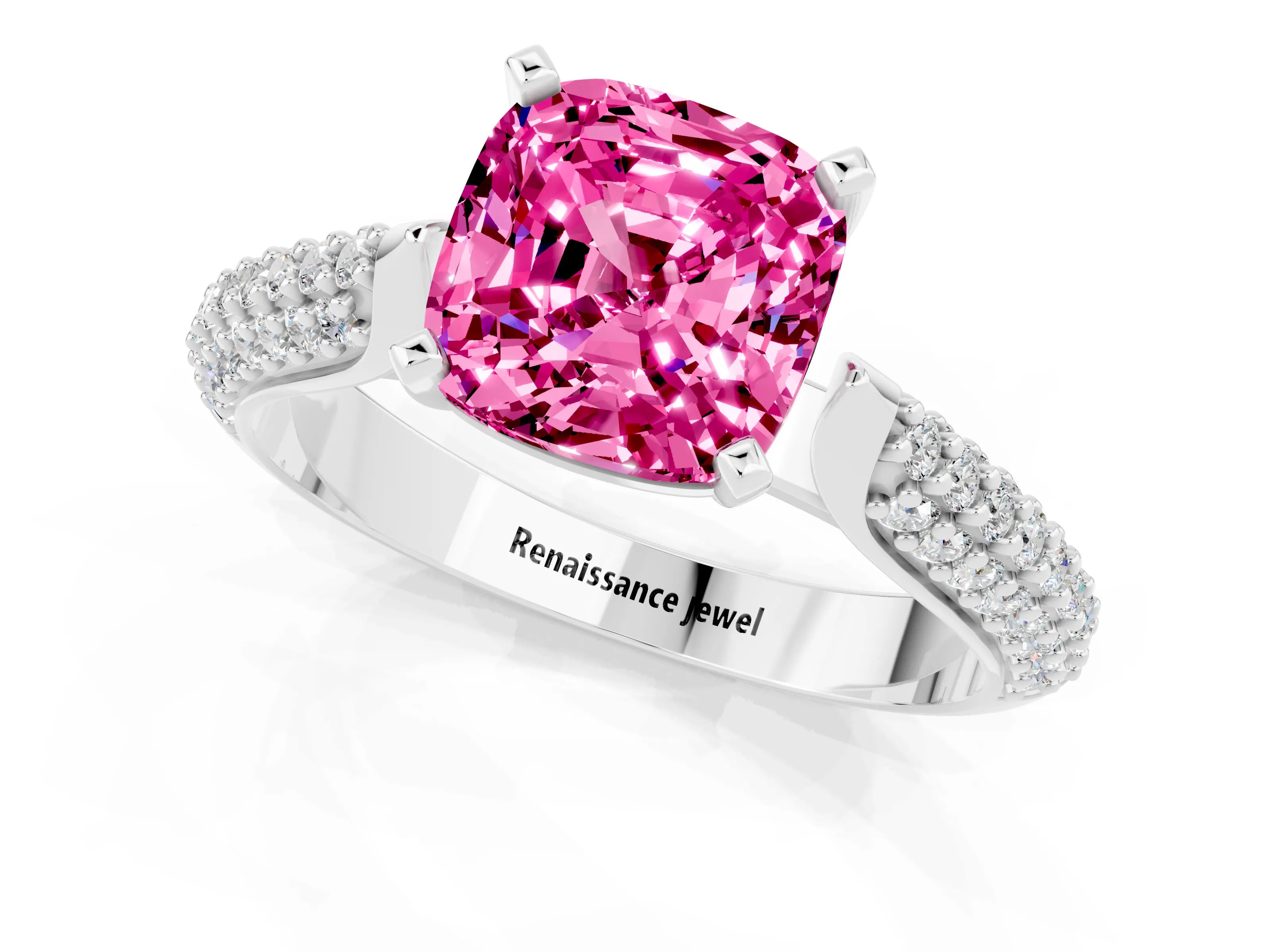 White gold Cushion Cut Diamond Solitaire Engagement Ring with Pavé Band and Four-Prong Setting_1