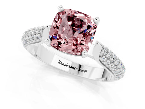 White gold Cushion Cut Diamond Solitaire Engagement Ring with Pavé Band and Four-Prong Setting_1