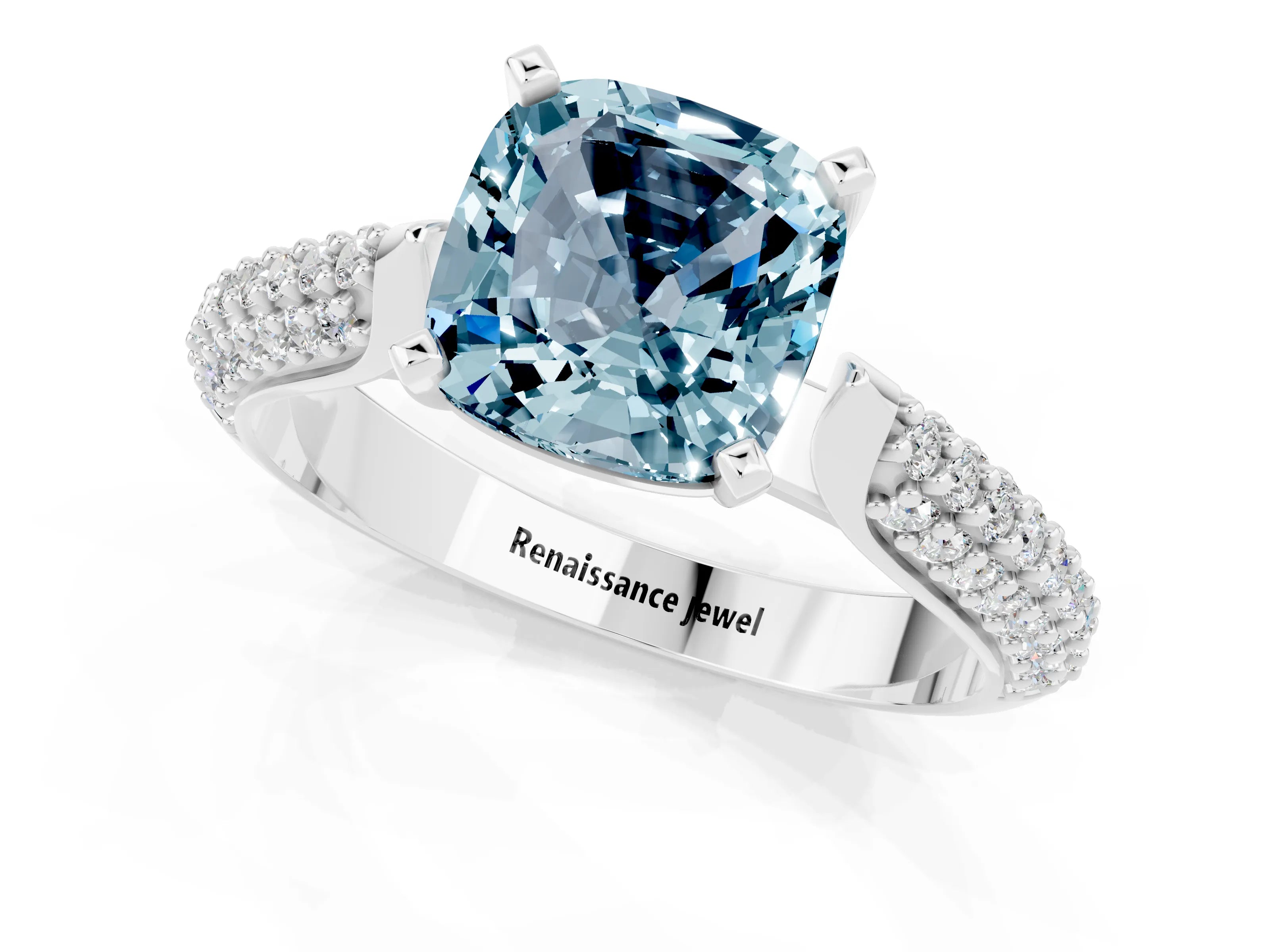 White gold Cushion Cut Diamond Solitaire Engagement Ring with Pavé Band and Four-Prong Setting_1