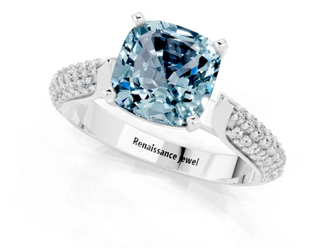 White gold Cushion Cut Diamond Solitaire Engagement Ring with Pavé Band and Four-Prong Setting_1