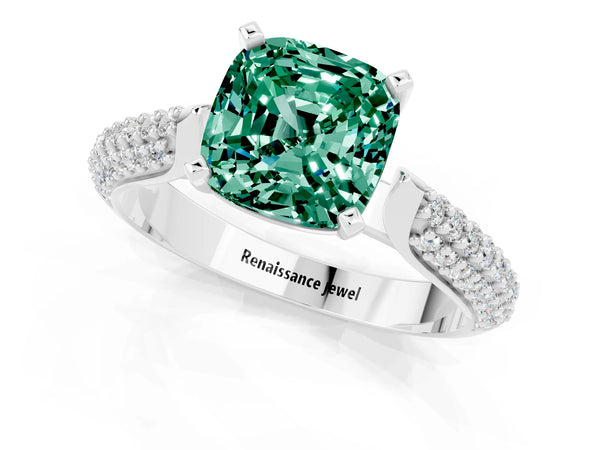 Platinum Cushion Cut Green Sapphire Solitaire Engagement Ring with Multi-Row Round Pavé Band and Prong Setting