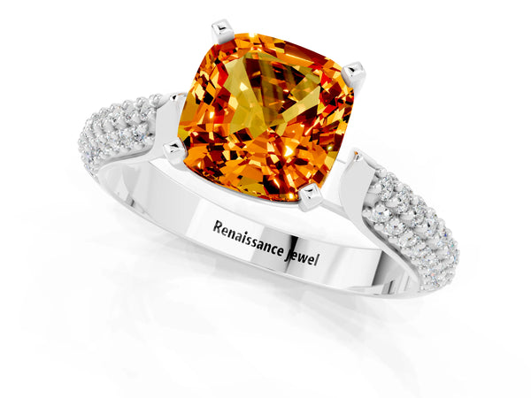 Platinum Cushion Cut Citrine Solitaire Engagement Ring with Multi-Row Round Pavé Band and Prong Setting