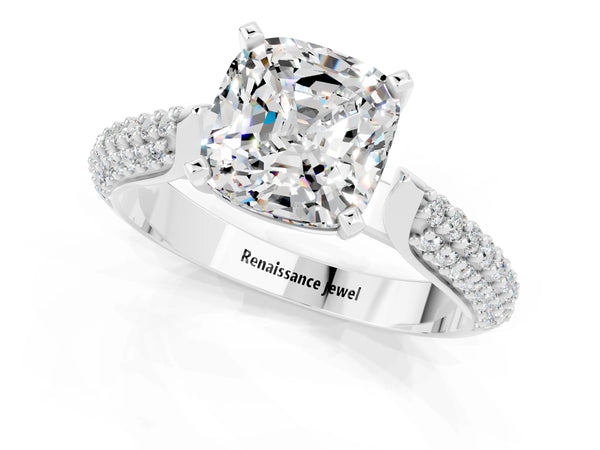 White gold Cushion Cut Moissanite Solitaire Engagement Ring with Multi-Row Round Pavé Band and Prong Setting