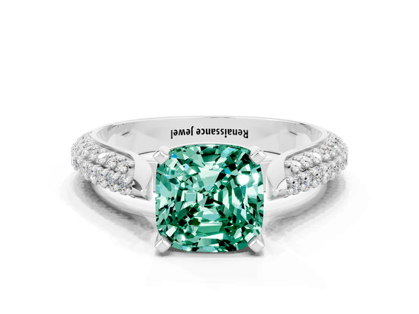 Silver Cushion Cut Green Sapphire Solitaire Engagement Ring with Multi-Row Round Pavé Band and Prong Setting