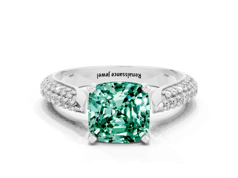 White gold Cushion Cut Diamond Solitaire Engagement Ring with Pavé Band and Four-Prong Setting