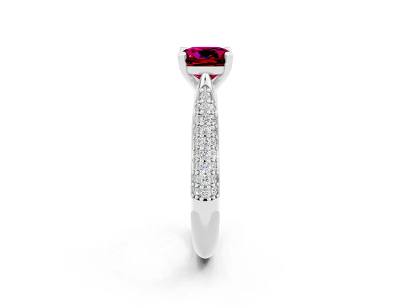 White gold Cushion Cut Garnet Solitaire Engagement Ring with Multi-Row Round Pavé Band and Prong Setting