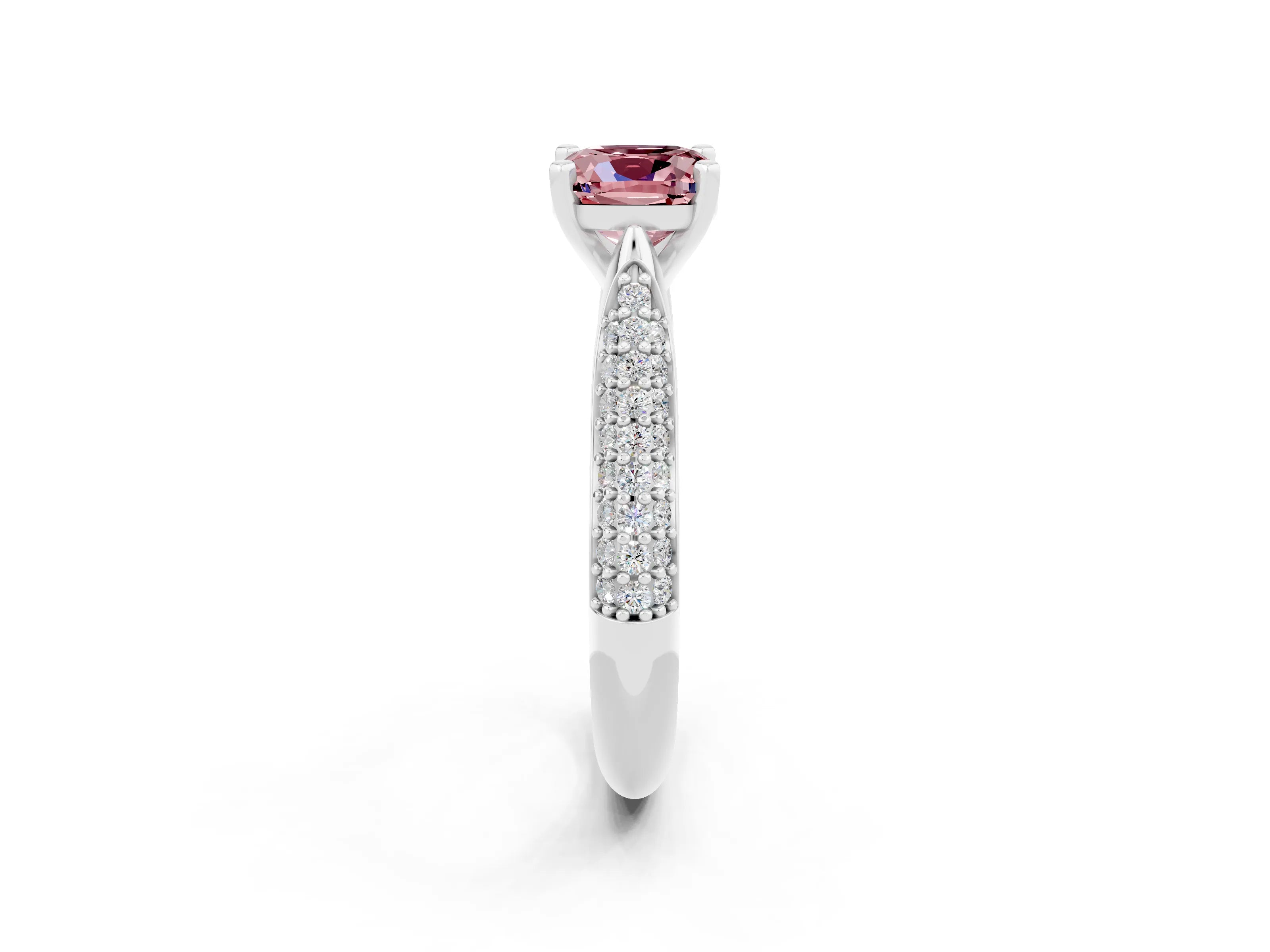 White gold Cushion Cut Diamond Solitaire Engagement Ring with Pavé Band and Four-Prong Setting_2