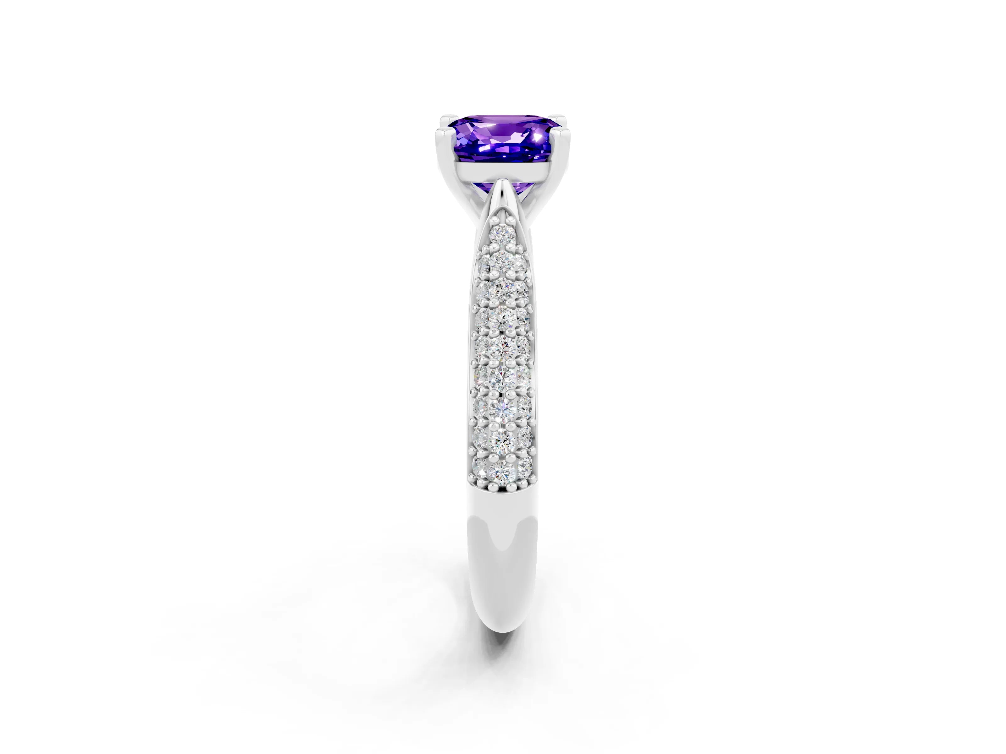 White gold Cushion Cut Diamond Solitaire Engagement Ring with Pavé Band and Four-Prong Setting_2