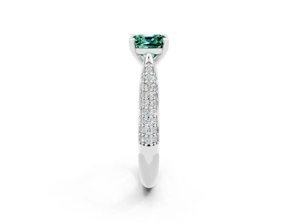 Silver Cushion Cut Green Sapphire Solitaire Engagement Ring with Multi-Row Round Pavé Band and Prong Setting