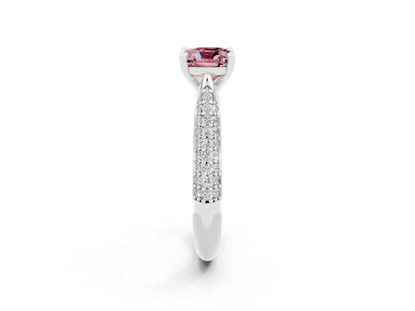 Platinum Cushion Cut Diamond Solitaire Engagement Ring with Pavé Band and Four-Prong Setting