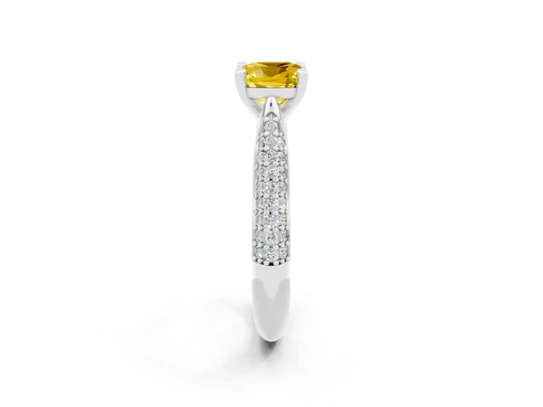 White gold Cushion Cut Yellow Sapphire Solitaire Engagement Ring with Multi-Row Round Pavé Band and Prong Setting