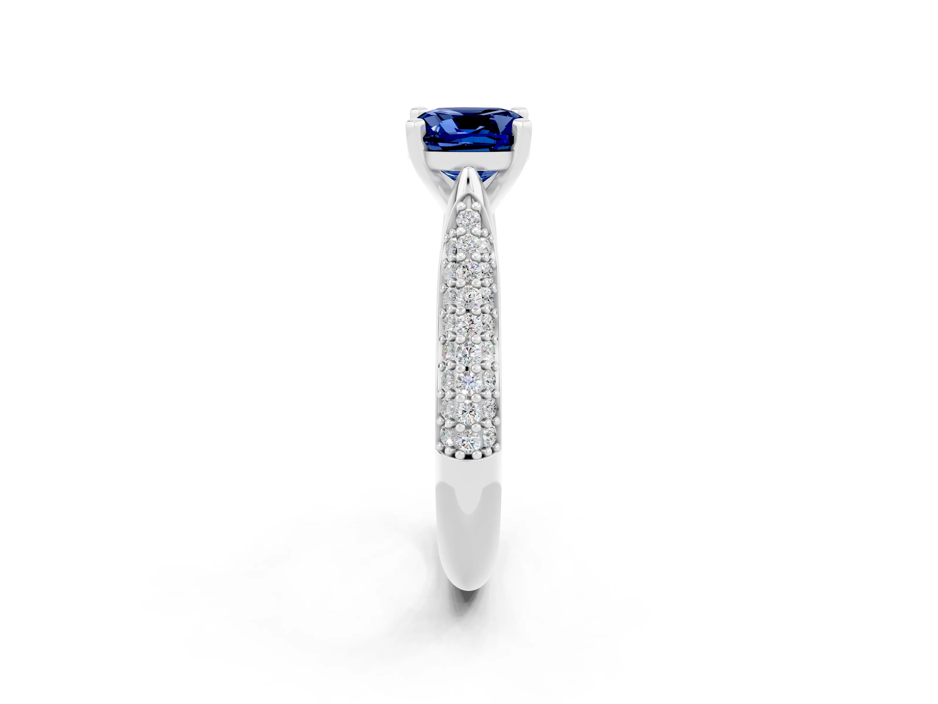White gold Cushion Cut Diamond Solitaire Engagement Ring with Pavé Band and Four-Prong Setting_2
