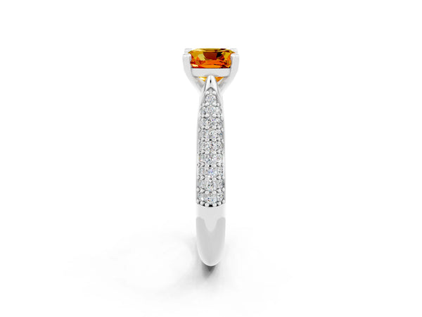 White gold Cushion Cut Citrine Solitaire Engagement Ring with Multi-Row Round Pavé Band and Prong Setting