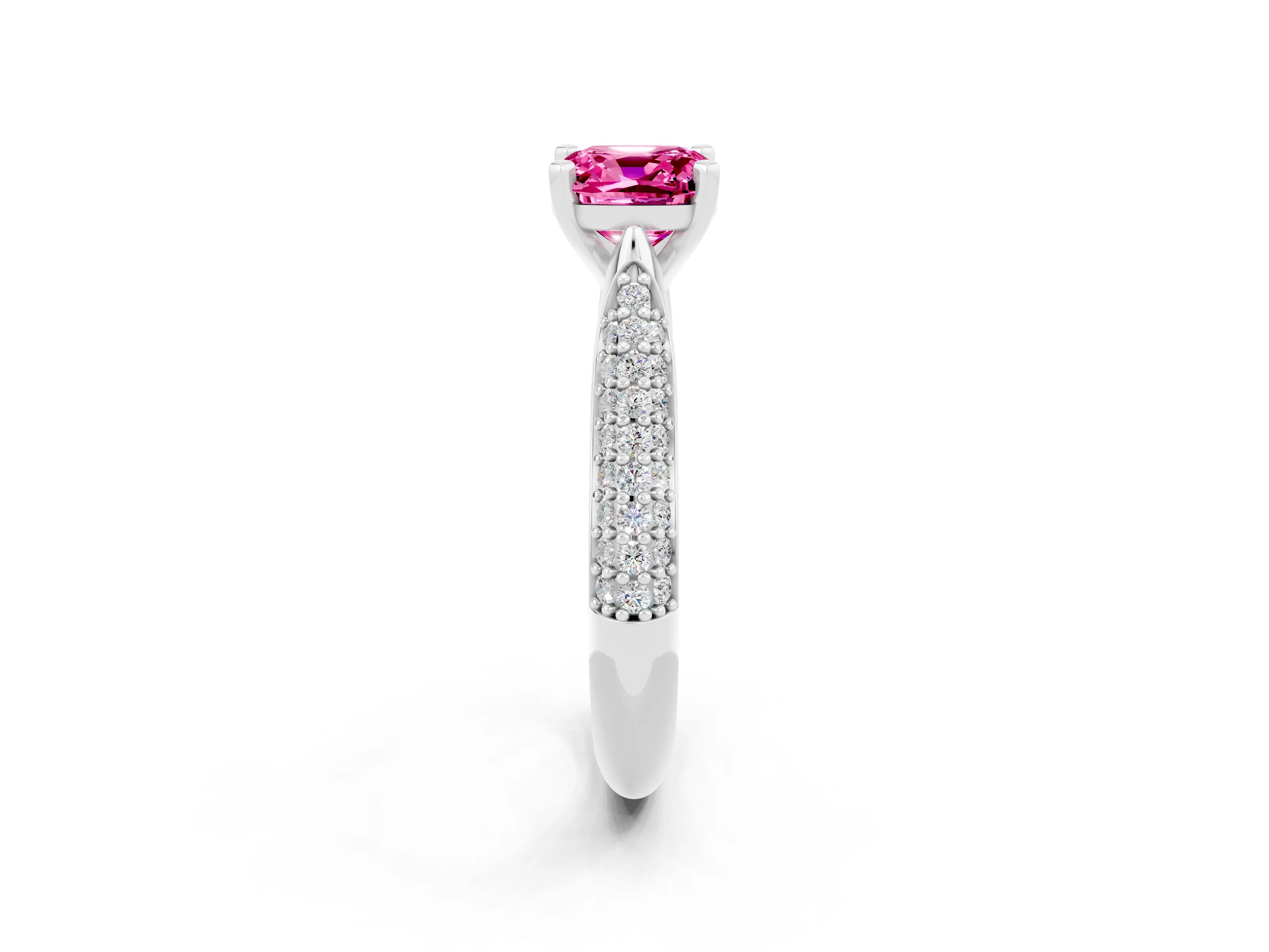 White gold Cushion Cut Diamond Solitaire Engagement Ring with Pavé Band and Four-Prong Setting_2