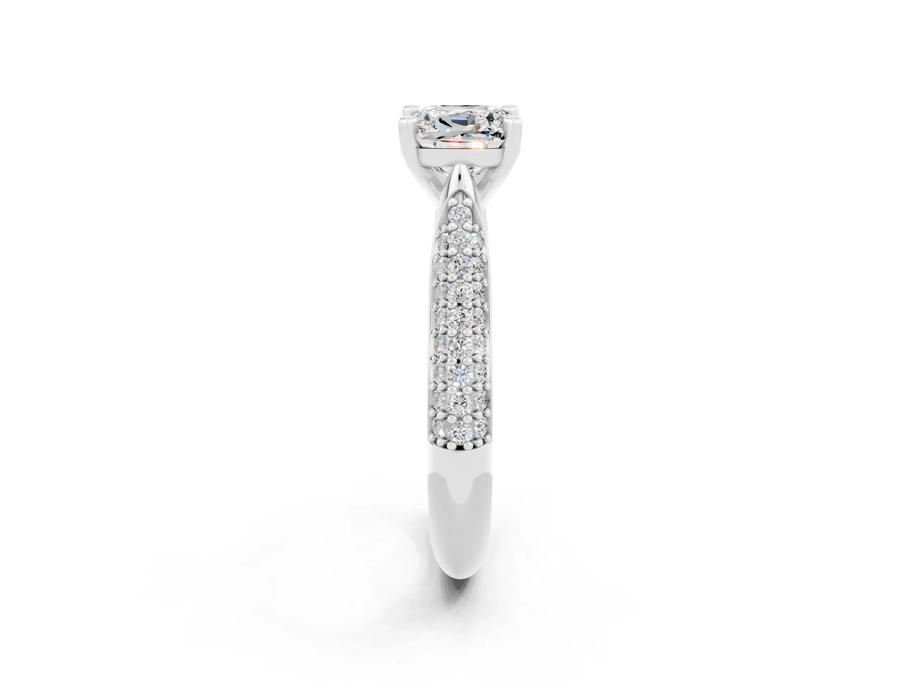 White gold Cushion Cut Diamond Solitaire Engagement Ring with Pavé Band and Four-Prong Setting_2