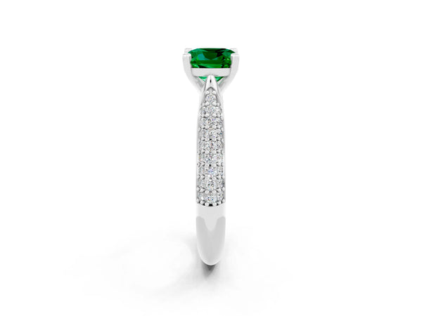 Silver Cushion Cut Emerald Solitaire Engagement Ring with Multi-Row Round Pavé Band and Prong Setting