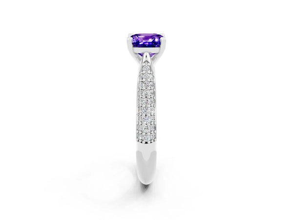 White gold Cushion Cut Tanzanite Solitaire Engagement Ring with Multi-Row Round Pavé Band and Prong Setting