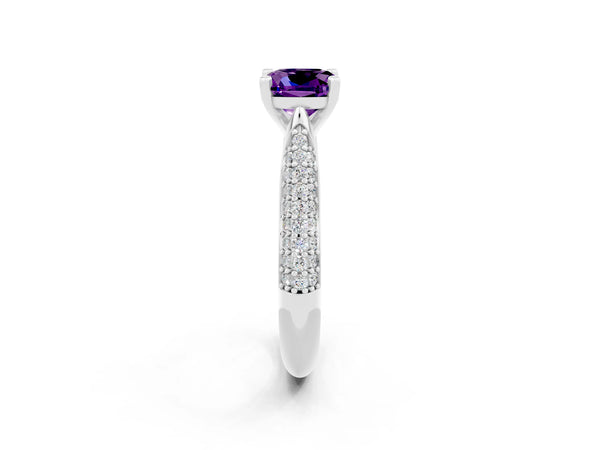 Silver Cushion Cut Amethyst Solitaire Engagement Ring with Multi-Row Round Pavé Band and Prong Setting