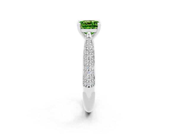 Platinum Cushion Cut Diamond Solitaire Engagement Ring with Pavé Band and Four-Prong Setting