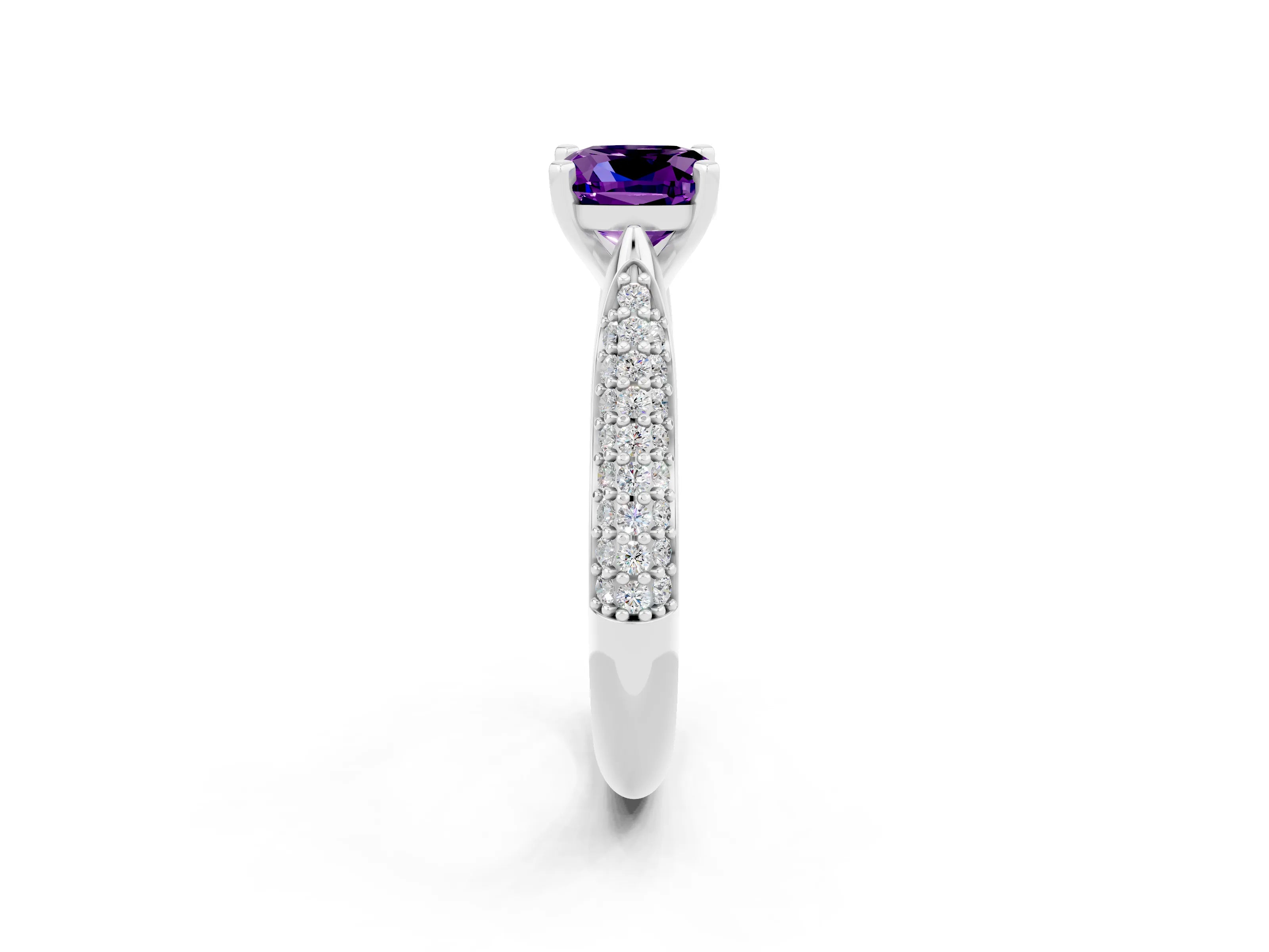 White gold Cushion Cut Diamond Solitaire Engagement Ring with Pavé Band and Four-Prong Setting_2