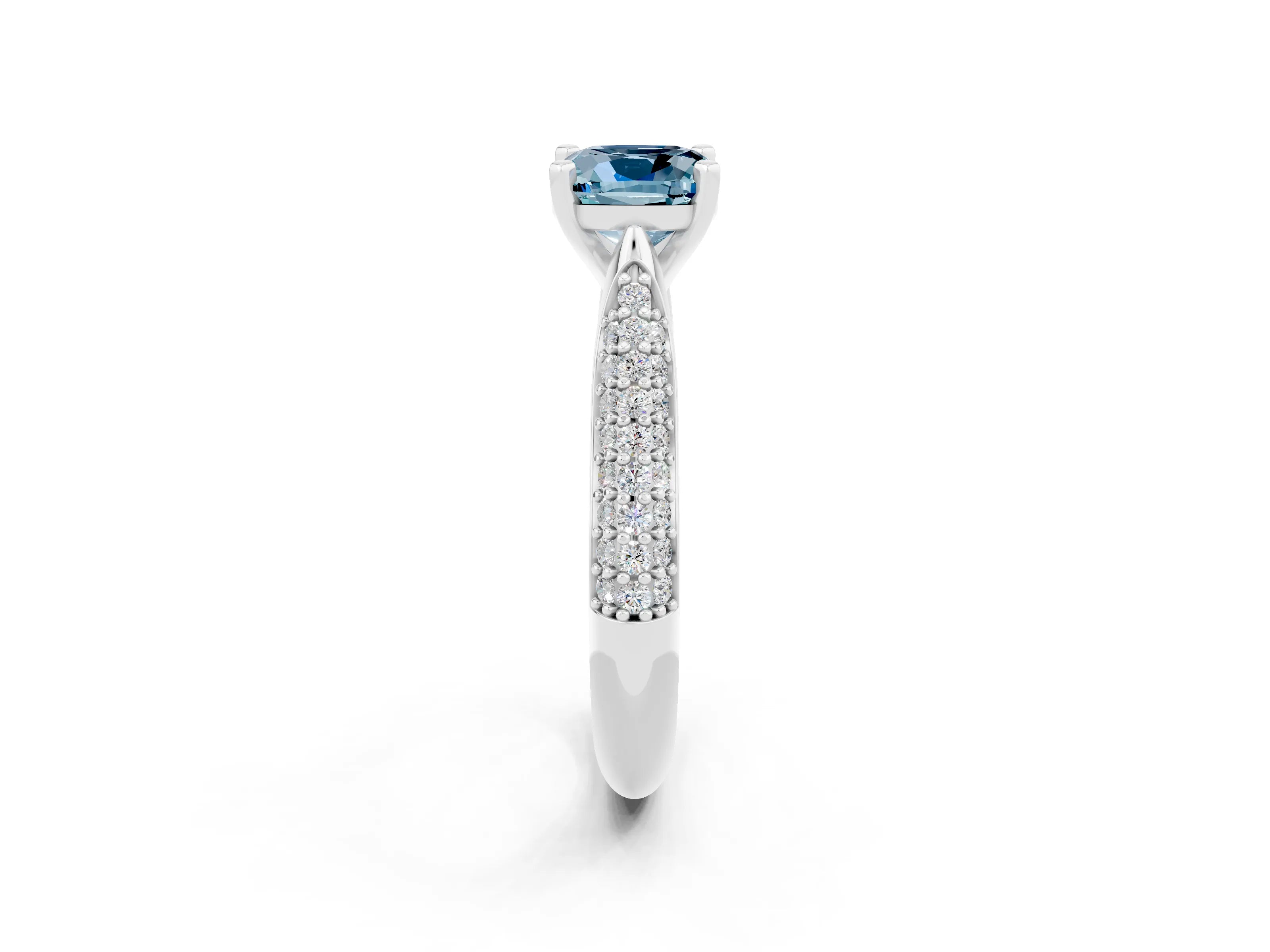 White gold Cushion Cut Diamond Solitaire Engagement Ring with Pavé Band and Four-Prong Setting_2