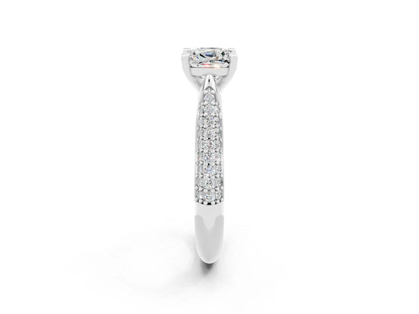 White gold Cushion Cut Moissanite Solitaire Engagement Ring with Multi-Row Round Pavé Band and Prong Setting