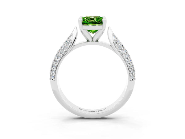 Platinum Cushion Cut Diamond Solitaire Engagement Ring with Pavé Band and Four-Prong Setting