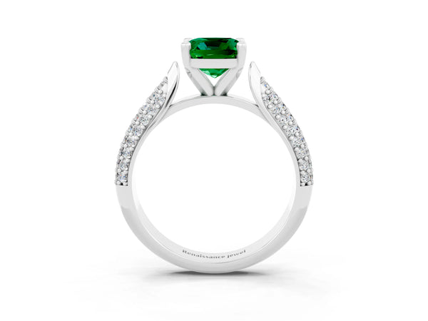 Platinum Cushion Cut Emerald Solitaire Engagement Ring with Multi-Row Round Pavé Band and Prong Setting