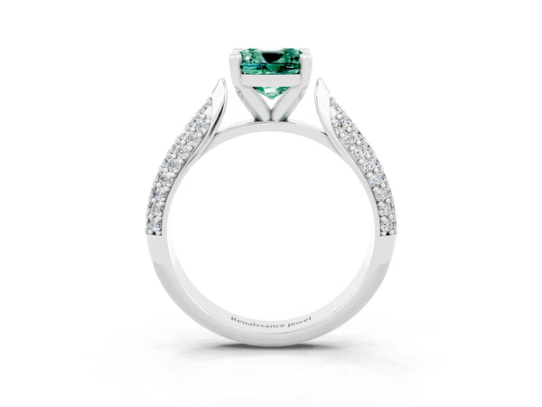 Platinum Cushion Cut Green Sapphire Solitaire Engagement Ring with Multi-Row Round Pavé Band and Prong Setting
