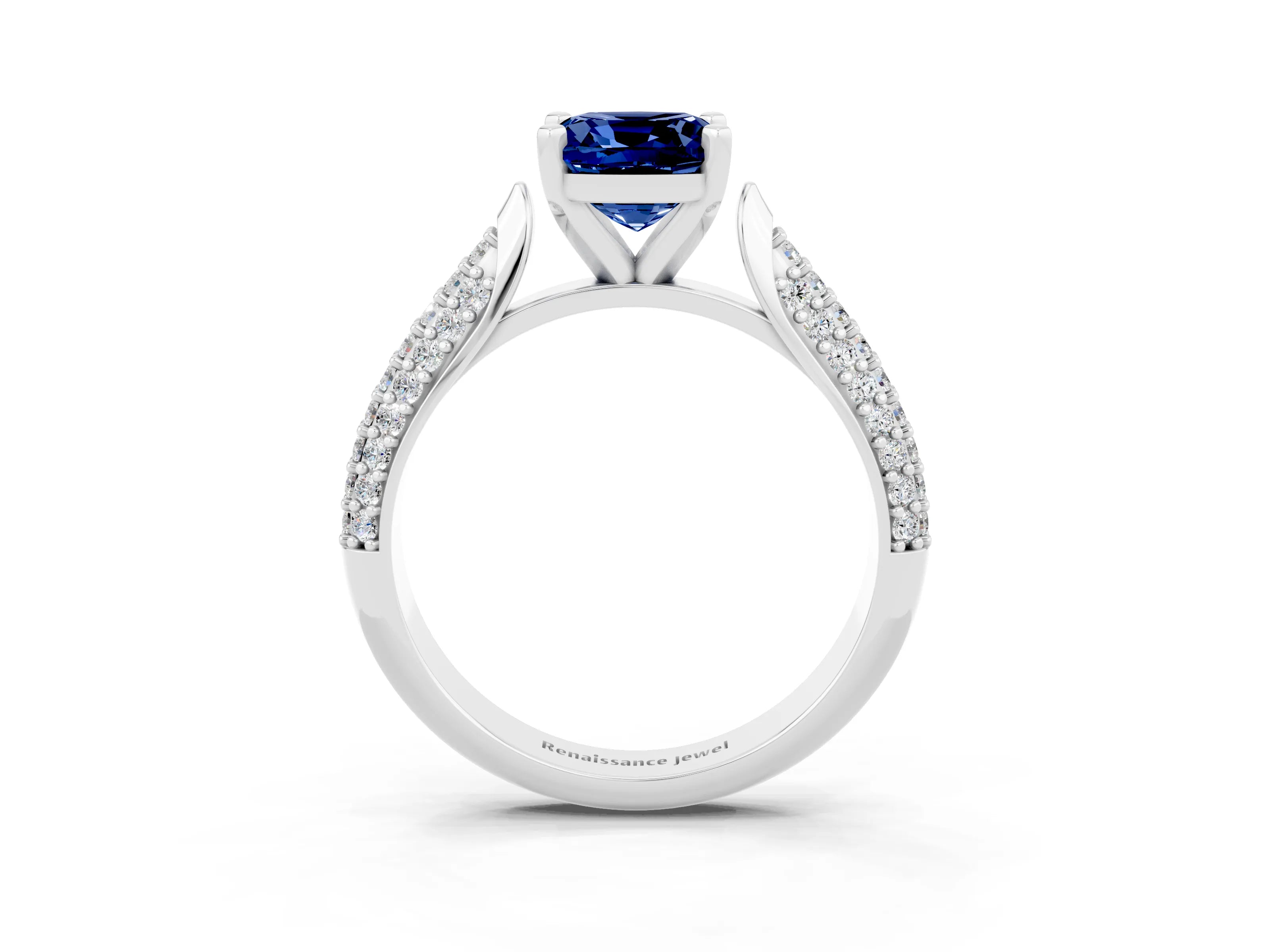 White gold Cushion Cut Diamond Solitaire Engagement Ring with Pavé Band and Four-Prong Setting_3