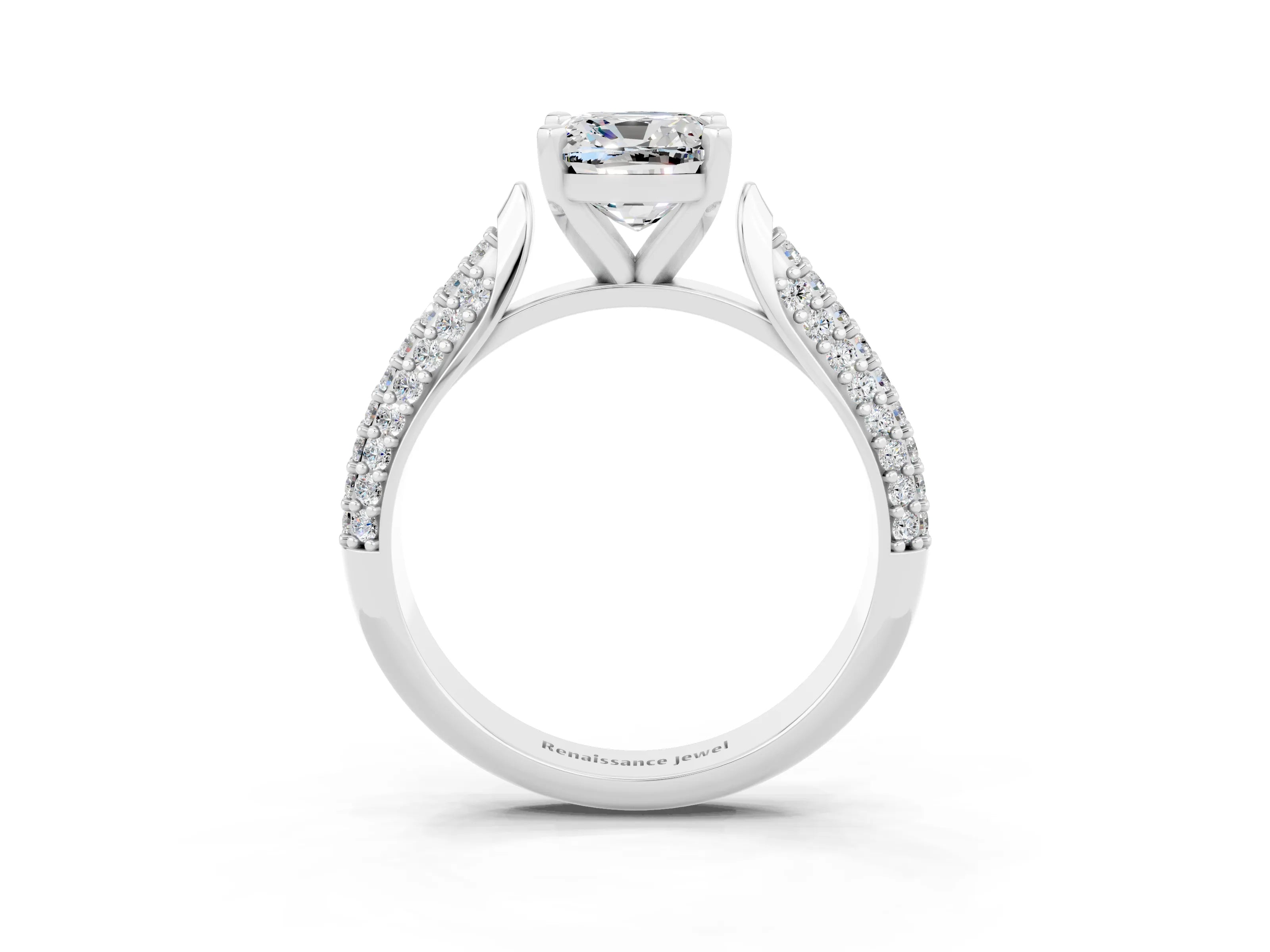 White gold Cushion Cut Diamond Solitaire Engagement Ring with Pavé Band and Four-Prong Setting_3